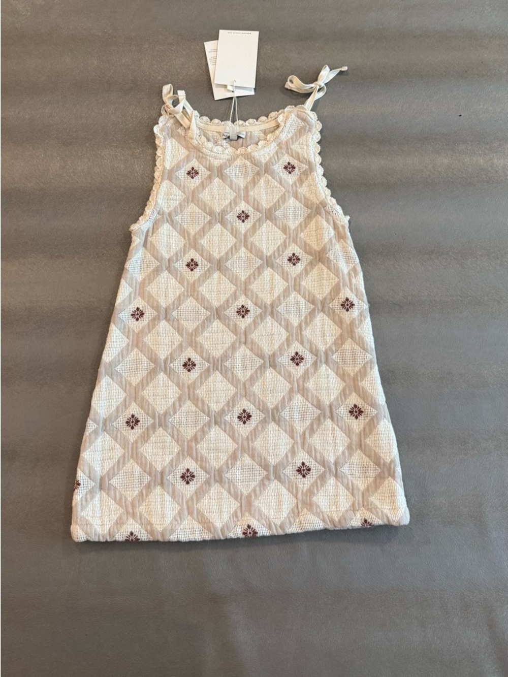 Bebe Organic Cream Diamond-Print Casual Dress with Tie Straps. Size 3